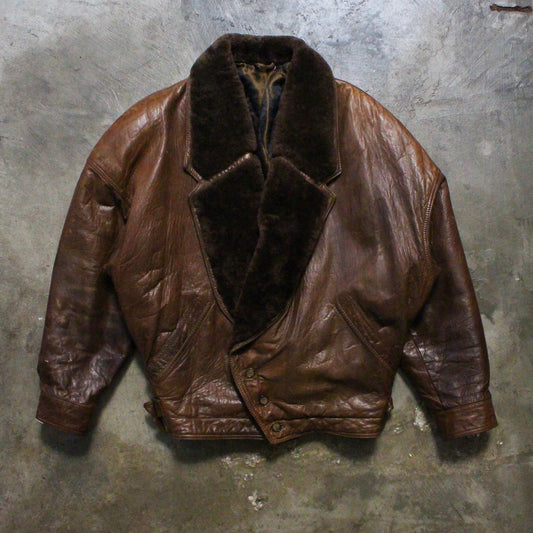 Vintage 1980s Gianni Versace Brown Leather Beaver Fur Overcoat - Large