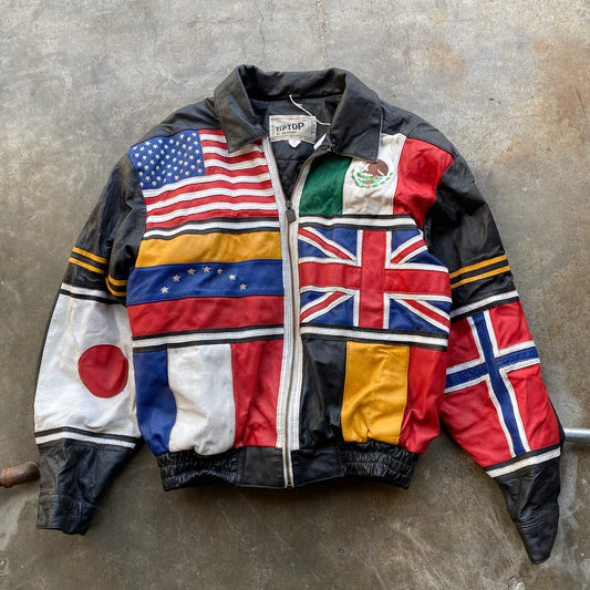 1980s Vintage World Flag Leather Jacket Medium